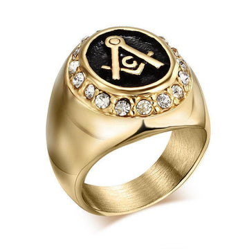 Stainless Steel 316L Vintage Gold Color Crystal Men's Masonic Ring - The Jewellery Supermarket